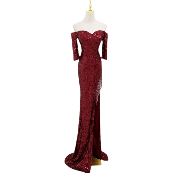 Scintillantes Sexy Bordeaux Paillettes Robe De Soirée 2022 Trompette / Sirène De l'épaule Manches Courtes Dos Nu Longue Robe De Ceremonie