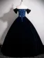 Vintage / Retro Navy Blue Pearl Prom Dresses 2025 Ball Gown Off-The-Shoulder Short Sleeve Backless Floor-Length / Long Prom Formal Dresses