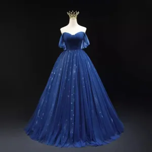 Vintage Retro Ocean Blue Glitter Prom Dresses 2023 Ball Gown Strapless Sleeveless Backless Floor Length Long Prom Formal Dresses