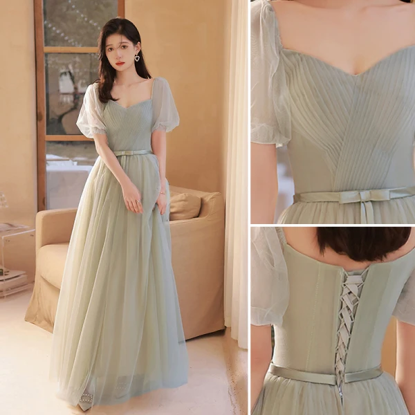 Simple Vert Cendré Robe Demoiselle D'honneur 2022 Princesse Manches Courtes Dos Nu Noeud Ceinture Longue Demoiselle D'honneur Robe De Ceremonie