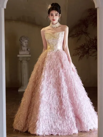 Encantador Rosa Clara Rebordear Lentejuelas Tassel Vestidos De Gala 2025 A Line Princess Sin Tirantes Sin Mangas Sin Espalda Largos Gala Vestidos Formales