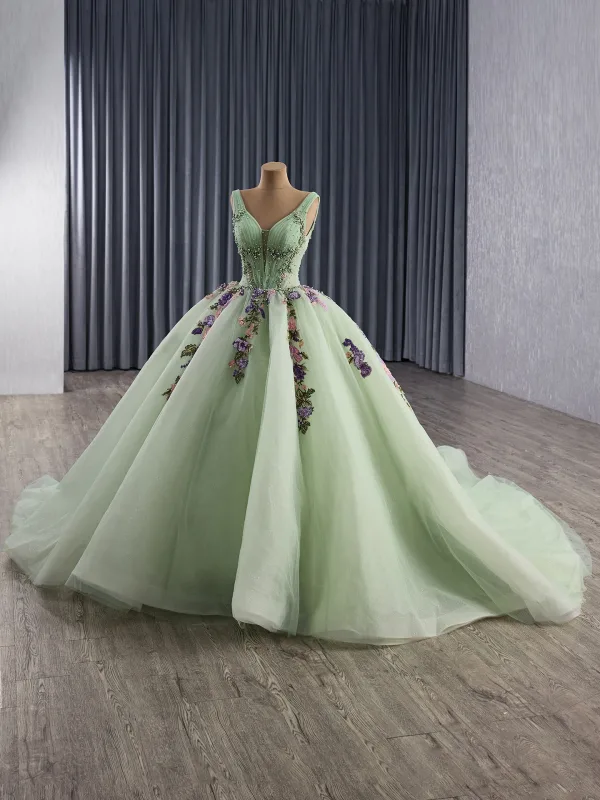 Luxury / Gorgeous Sage Green Beading Pearl Sequins Appliques Lace Flower Prom Dresses 2025 Ball Gown V-Neck Sleeveless Backless Chapel Train