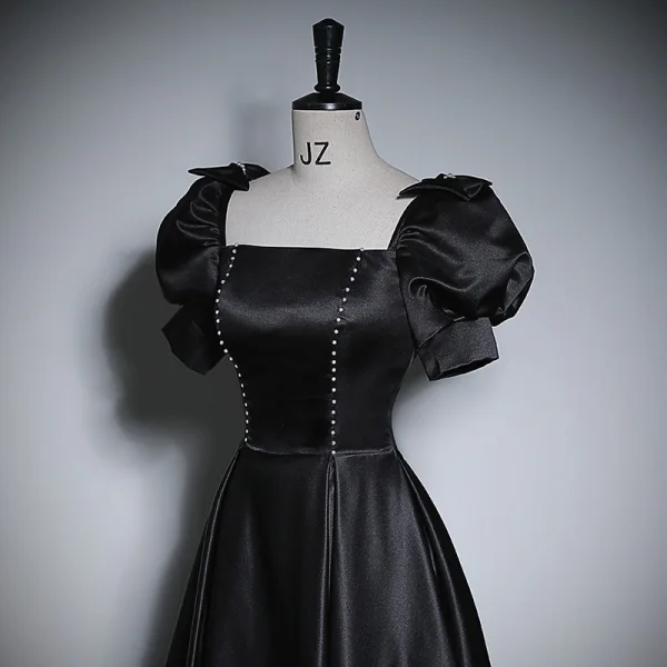 Vintage / Retro Black Pearl Satin Evening Dresses 2023 A-Line / Princess Square Neckline Puffy Short Sleeve Backless Floor-Length / Long Prom Formal Dresses