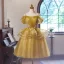 Fashion Yellow Sequins Appliques Short Homecoming Graduation Dresses Cocktail Dresses 2024 Ball Gown Spaghetti Straps Short Sleeve Backless Tulle