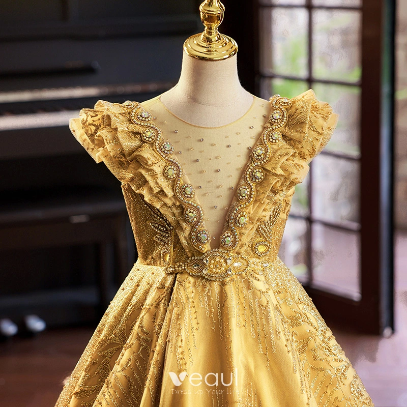green emerald velvet dress Golden Flower Girl Dresses,Sequined Flower Girl Dress,Ball Gown Tulle Flower Girl Dress,FD00002, Child14 / Gold main image 0
