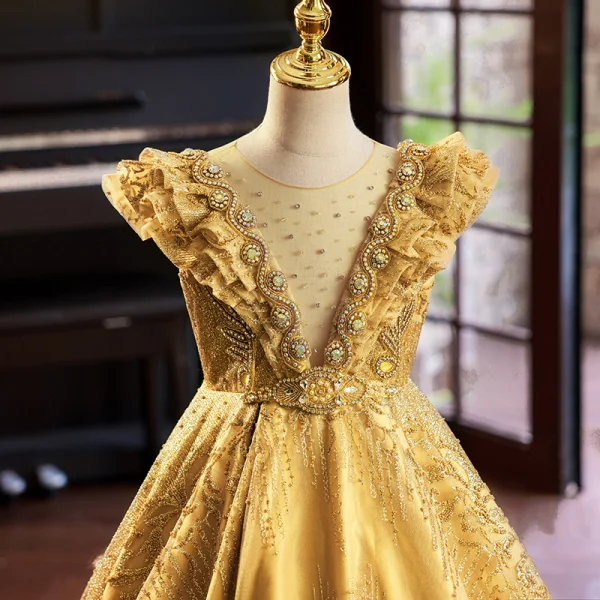 High-end Gold Beading Pearl Rhinestone Sequins Birthday Flower Girl Dresses 2023 Ball Gown Scoop Neck Sleeveless Court Train Flower Girl Dresses