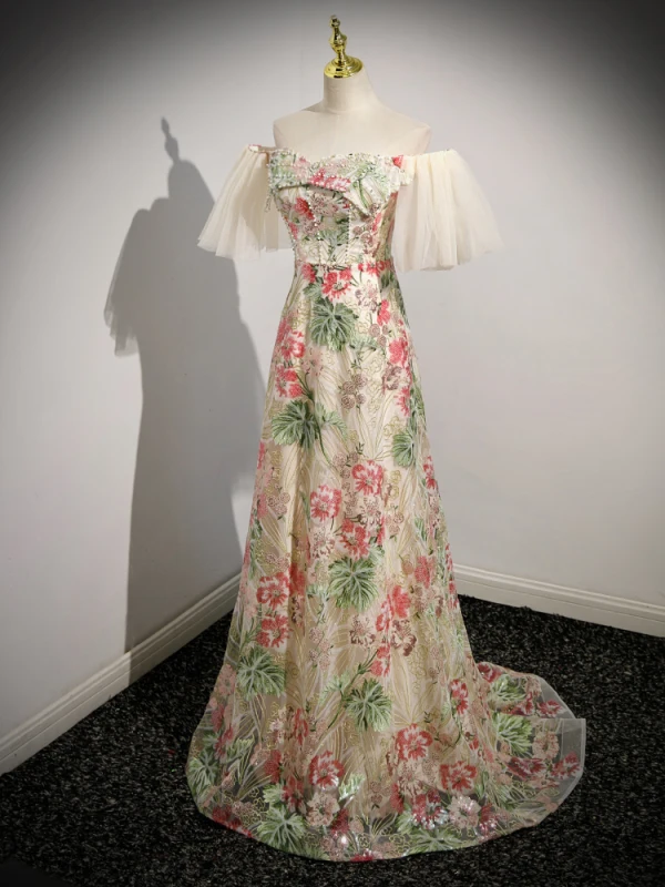 Schöne Multifarben Spitze Blumen Perlenstickerei Perle Pailletten Ballkleider 2023 Off Shoulder A Linie Kurze Ärmel Rückenfreies Lange Festliche Kleider
