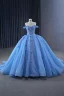 Haut de Gamme Bleu Perlage Paillettes Appliques Robe De Bal 2024 Robe Boule Bustier Sans Manches Dos Nu Train De Balayage Promo Robe De Ceremonie