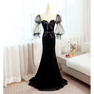 Fashion Black Suede Formal Dresses 2022 Trumpet Mermaid Scoop Neck Puffy 1 2 Sleeves Backless Bow Sweep Train Prom Evening Dresses