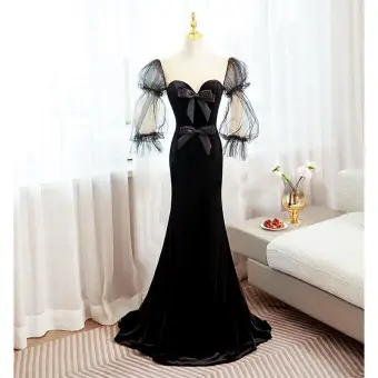 Fashion Black Suede Formal Dresses 2022 Trumpet Mermaid Scoop Neck Puffy 1 2 Sleeves Backless Bow Sweep Train Prom Evening Dresses