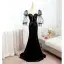 Fashion Black Suede Formal Dresses 2022 Trumpet / Mermaid Scoop Neck Puffy 1/2 Sleeves Backless Bow Sweep Train Prom Evening Dresses