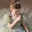 Chic / Beautiful Sage Green Pearl Lace Flower Birthday Flower Girl Dresses 2024 Ball Gown Scoop Neck Puffy Short Sleeve Backless Floor-Length / Long Flower Girl Dresses