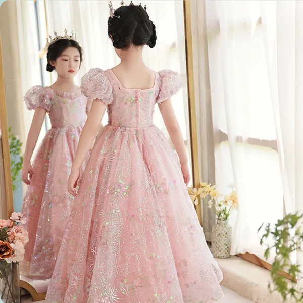 Chic / Belle Rougissant Rose Anniversaire En Dentelle Paillettes Robe Ceremonie Fille 2022 Princesse Encolure Carrée Gonflée Manches Courtes Dos Nu Longue Robe Ceremonie Fille