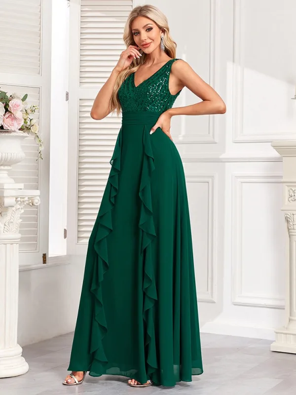 Modest / Simple Dark Green Sequins Chiffon Prom Dresses 2024 A-Line / Princess V-Neck Sleeveless Backless Floor-Length / Long Prom Formal Dresses