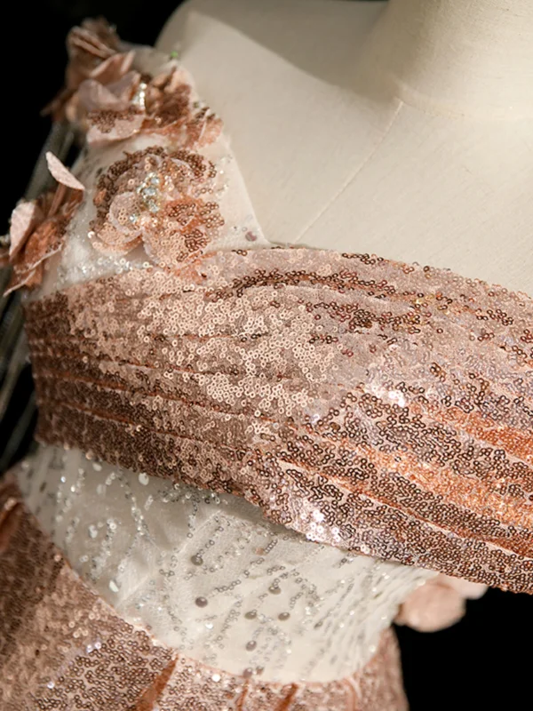 Sparkly Champagne Beading Sequins Tassel Prom Dresses 2024 A-Line / Princess Off-The-Shoulder Short Sleeve Backless Floor-Length / Long Prom Formal Dresses