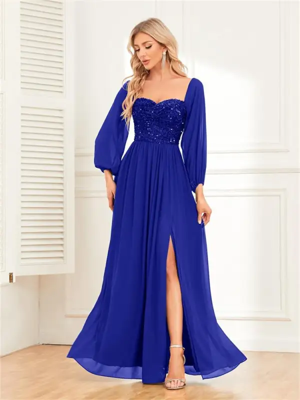 Chic / Beautiful Dark Green Sequins Split Front Evening Dresses 2024 A-Line / Princess Off-The-Shoulder Short Sleeve Backless Floor-Length / Long Evening Party Formal Dresses