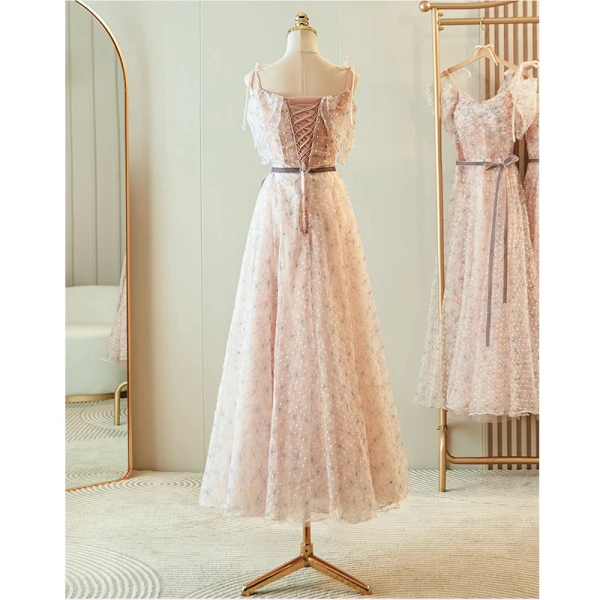 Chic / Belle Rougissant Rose Robe Demoiselle D'honneur 2023 Princesse Encolure Carrée Manches Courtes Dos Nu Noeud Ceinture Longue Robe Demoiselle D'honneur