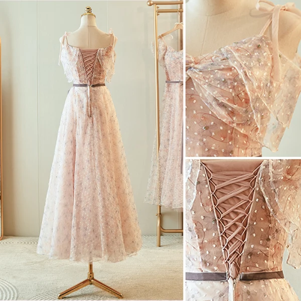 Chic / Belle Rougissant Rose Robe Demoiselle D'honneur 2023 Princesse Encolure Carrée Manches Courtes Dos Nu Noeud Ceinture Longue Robe Demoiselle D'honneur