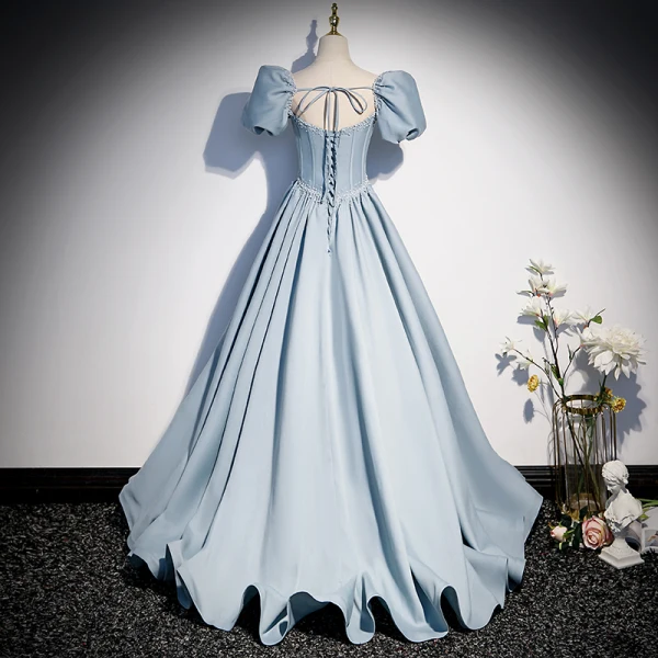 Elegante Himmelblau Perle Satin Ballkleider 2022 A Linie Eckiger Ausschnitt Geschwollenes Kurze Ärmel Rückenfreies Schleife Lange Ball Festliche Kleider