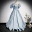 Elegante Himmelblau Perle Satin Ballkleider 2022 A Linie Eckiger Ausschnitt Geschwollenes Kurze Ärmel Rückenfreies Schleife Lange Ball Festliche Kleider