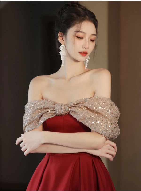 Chic / Belle Bordeaux Perlage Paillettes Robe De Bal 2024 Princesse De l'épaule Manches Courtes Dos Nu Longue Promo Robe De Ceremonie