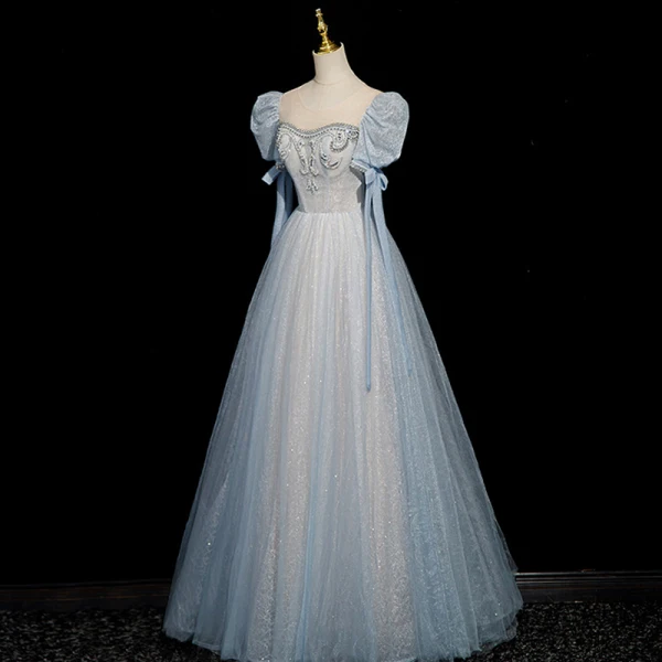 Chic / Belle Bleu Ciel Perlage Faux Diamant Paillettes Robe De Bal 2023 Princesse Encolure Carrée Manches Courtes Dos Nu Longue Robe De Ceremonie