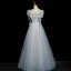 Chic / Belle Bleu Ciel Perlage Faux Diamant Paillettes Robe De Bal 2023 Princesse Encolure Carrée Manches Courtes Dos Nu Longue Robe De Ceremonie