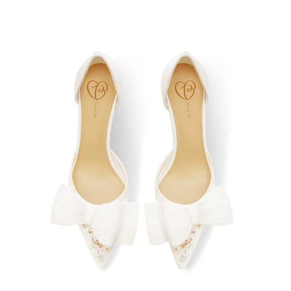 Elegant White Lace Bow Wedding Shoes 2023 7 cm Stiletto Heels Pointed Toe Leather Wedding High Heels