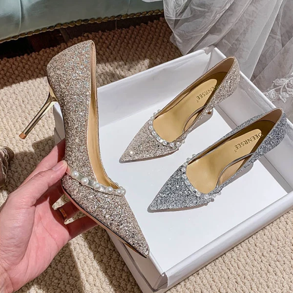 Sparkly Champagne Pearl Sequins Wedding Shoes 2022 Leather 8 cm Stiletto Heels Pointed Toe Wedding Pumps High Heels