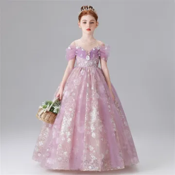 Chic Beautiful Lavender Pearl Sequins Lace Flower Birthday Flower Girl Dresses 2025 Ball Gown Scoop Neck Short Sleeve Floor Length Long
