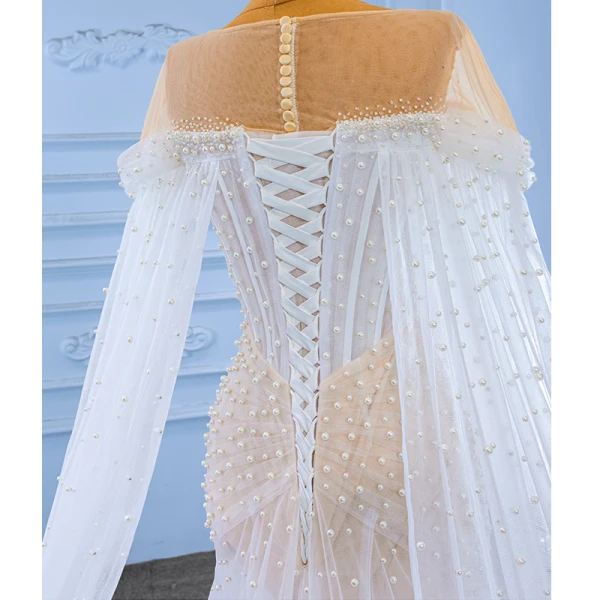Elegant High-end White Beading Pearl Wedding Dresses 2023 Trumpet / Mermaid Scoop Neck Short Sleeve Royal Train Wedding