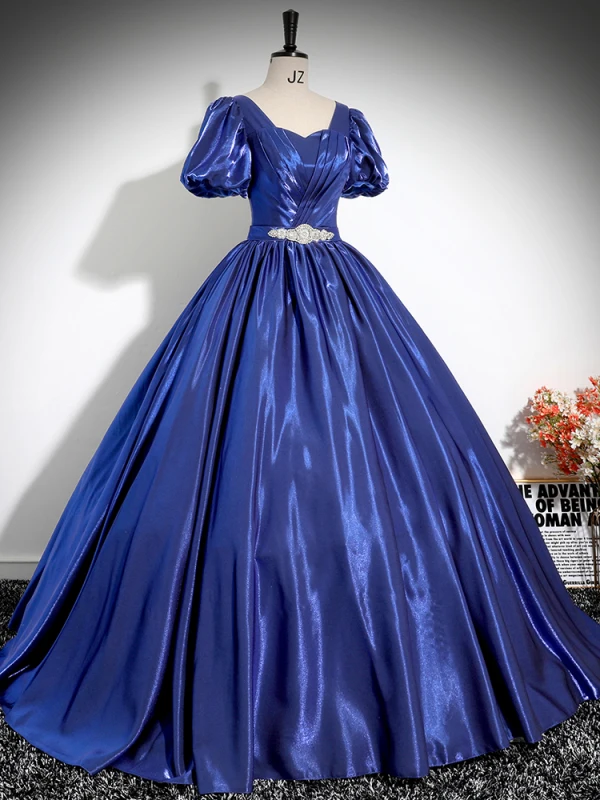 Vintage / Retro Royal Blue Rhinestone Prom Dresses 2024 Ball Gown Square Neckline Puffy Short Sleeve Backless Floor-Length / Long Prom Formal Dresses