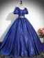 Vintage / Retro Royal Blue Rhinestone Prom Dresses 2024 Ball Gown Square Neckline Puffy Short Sleeve Backless Floor-Length / Long Prom Formal Dresses