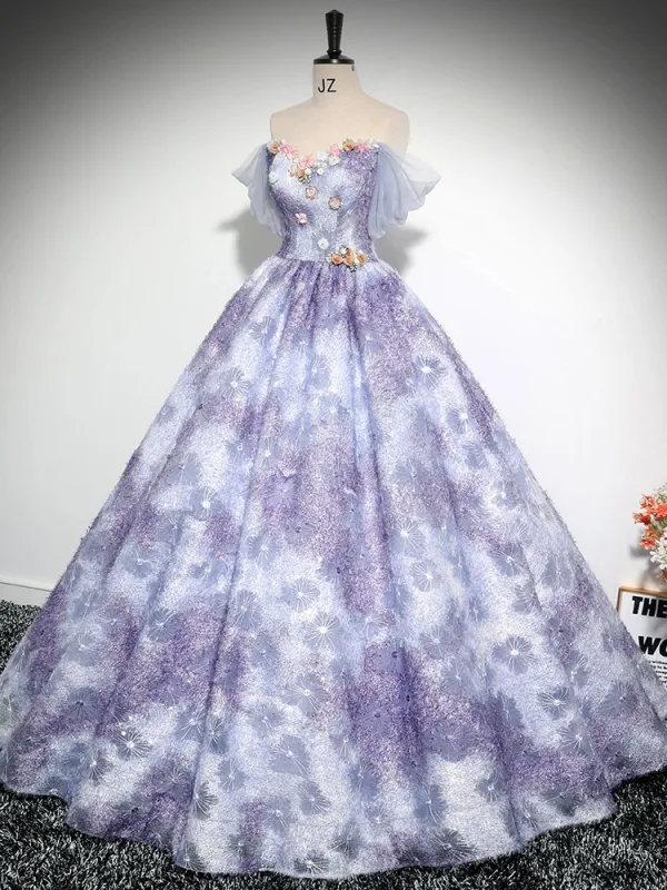 Elegant Lavender Rhinestone Lace Flower Appliques Prom Dresses 2024 Ball Gown Off-The-Shoulder Short Sleeve Backless Floor-Length / Long Prom Formal Dresses