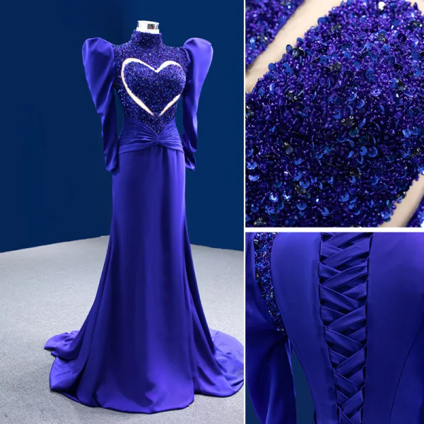 High-end Vintage / Retro Royal Blue Handmade  Beading Sequins Evening Dresses 2022 Trumpet / Mermaid High Neck Puffy 1/2 Sleeves Sweep Train Evening Party Formal Dresses