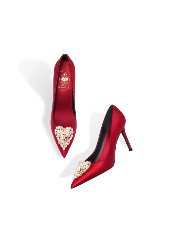 Chinese style Red Pearl Rhinestone Wedding Shoes 2026 Leather 8 cm Stiletto Heels Pointed Toe Wedding Pumps High Heels