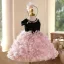 Lovely Blushing Pink Pearl Sequins Appliques Birthday Short Flower Girl Dresses 2025 Ball Gown Scoop Neck Bow Sleeveless Backless