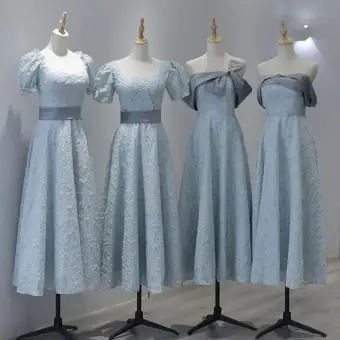 Modest Simple Sky Blue Bridesmaid Dresses 2022 A Line Princess Short Sleeve Backless Tea Length Bridesmaid Dresses