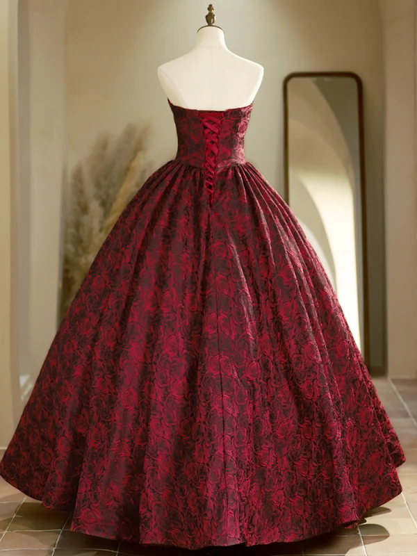 Schöne Burgunderrot Rose Drucken Ballkleider 2024 Ballkleid Bandeau Ärmellos Rückenfreies Lange Ball Festliche Kleider