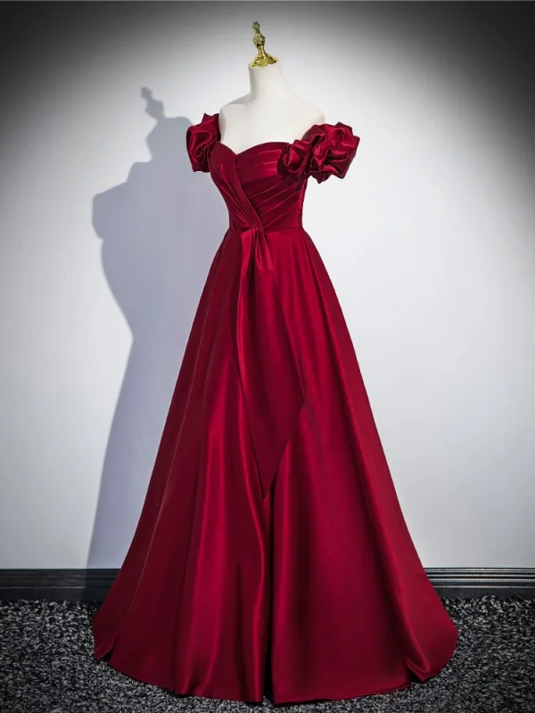 Elegant Burgundy Satin Prom Dresses 2025 A-Line / Princess Off-The-Shoulder Ruffle Short Sleeve Backless Floor-Length / Long Prom Formal Dresses