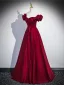 Elegant Burgundy Satin Prom Dresses 2025 A-Line / Princess Off-The-Shoulder Ruffle Short Sleeve Backless Floor-Length / Long Prom Formal Dresses