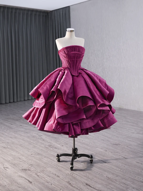 High-end Fuchsia Cascading Ruffles Satin Prom Dresses 2024 Ball Gown Strapless Sleeveless Backless Tea-length Prom Formal Dresses