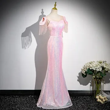 Scintillantes Rougissant Rose Paillettes Perlage Gland Robe De Soirée 2024 Trompette Sirène Encolure Dégagée Manches Courtes Longue Soirée Robe De Ceremonie