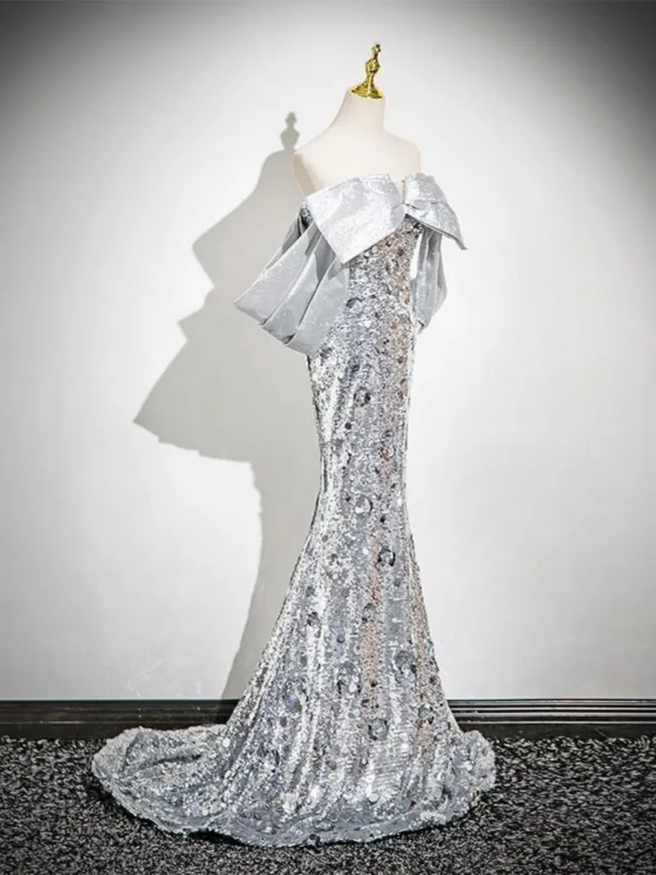 Scintillantes Argenté Paillettes Robe De Soirée 2025 Trompette / Sirène De l'épaule Sans Manches Dos Nu Train De Balayage Soirée Robe De Ceremonie