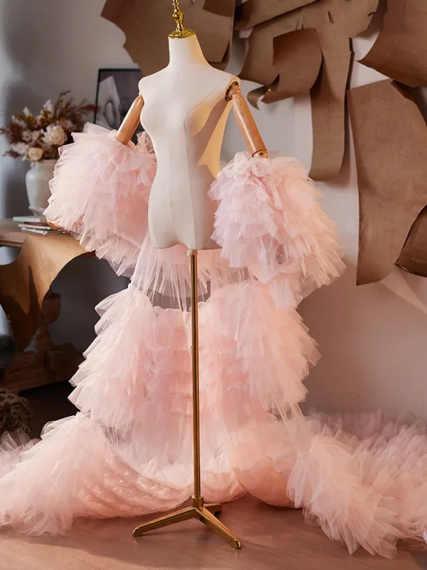 Mode Rougissant Rose Volants en Cascade Manches Courtes Promo châle 2025 Tulle