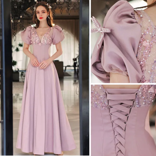 Elegant Blushing Pink Prom Dresses 2022 A-Line / Princess V-Neck Beading Pearl Sequins Puffy Short Sleeve Backless Floor-Length / Long Prom Formal Dresses