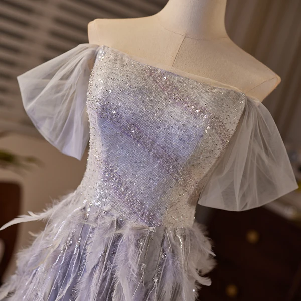 Charmant Lavande Paillettes Plumes Robe De Soirée 2024 Trompette / Sirène De l'épaule Manches Courtes Dos Nu Longue Soirée Robe De Ceremonie