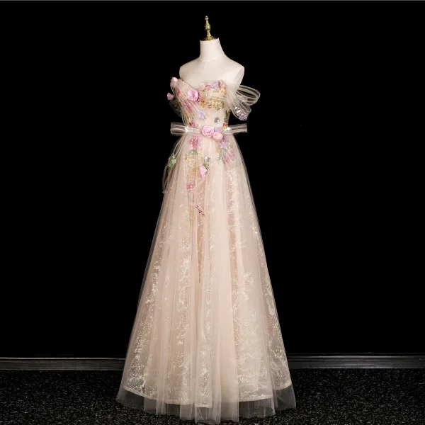 Charming Champagne Appliques Sequins Lace Flower Prom Dresses 2025 A-Line / Princess Strapless Sleeveless Backless Floor-Length / Long Prom Formal Dresses