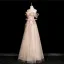 Charming Champagne Appliques Sequins Lace Flower Prom Dresses 2025 A-Line / Princess Strapless Sleeveless Backless Floor-Length / Long Prom Formal Dresses