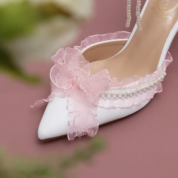 Schön Charmant Weiß Brautschuhe 2023 Knöchelriemen Perle Schleife 9 cm Stilettos Spitzschuh Hochzeit Sandaletten Hochhackige